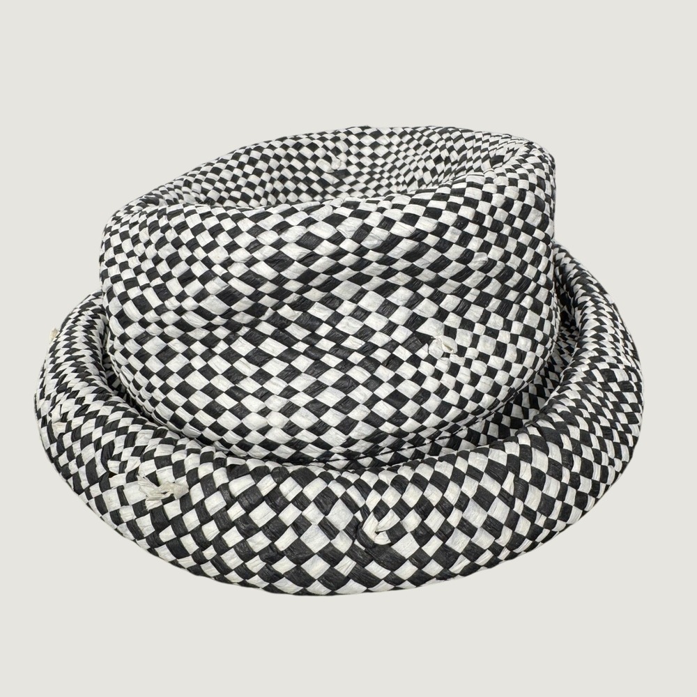 Francesco Bing Florence Italy Black White Checkered Woven Straw Hat Rolled Brim
